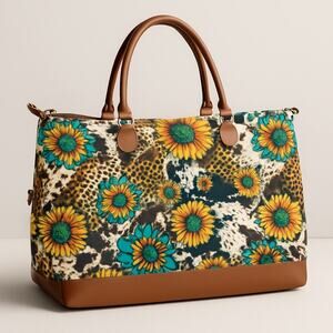 Sunflower Leopard Weekender Bag • Large Travel Tote • Cowhide Print Duffel
